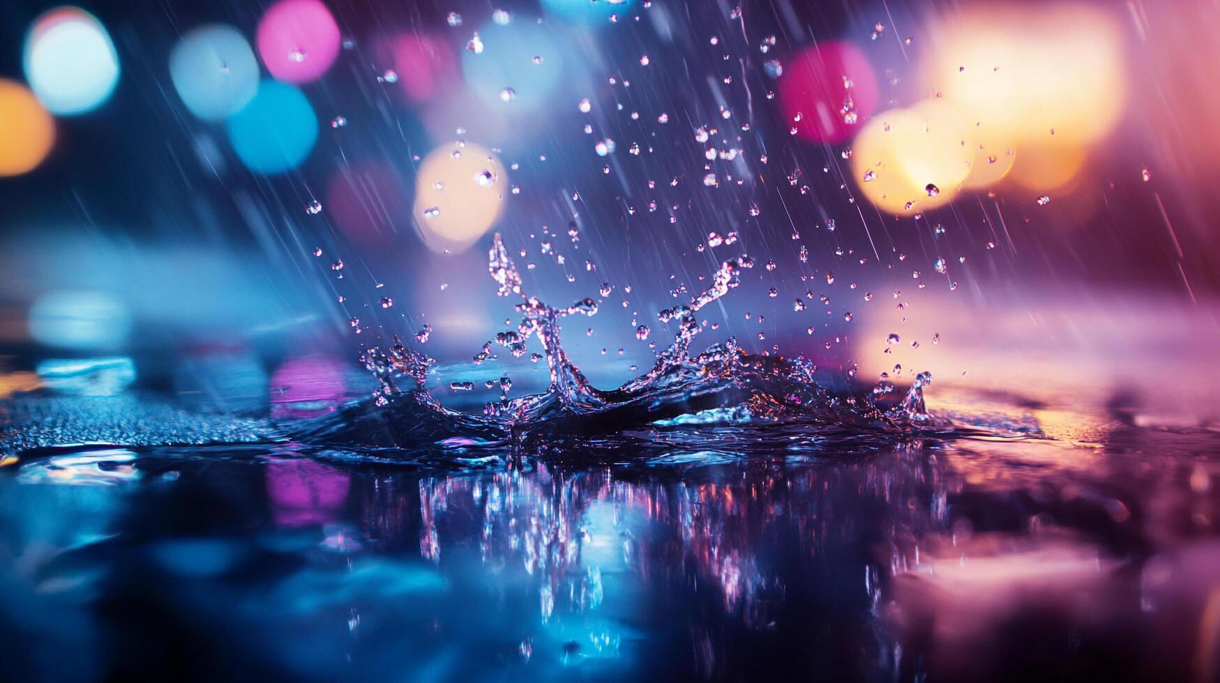 Raindrops create a splash on a street puddle, reflecting the bright, out-of-focus city lights above on a dark night. photo