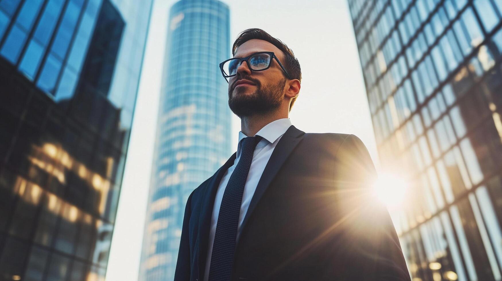 Confident businessman stands tall in a suit and glasses, gazing upwards against a backdrop of modern skyscrapers and gleaming sunlight. photo