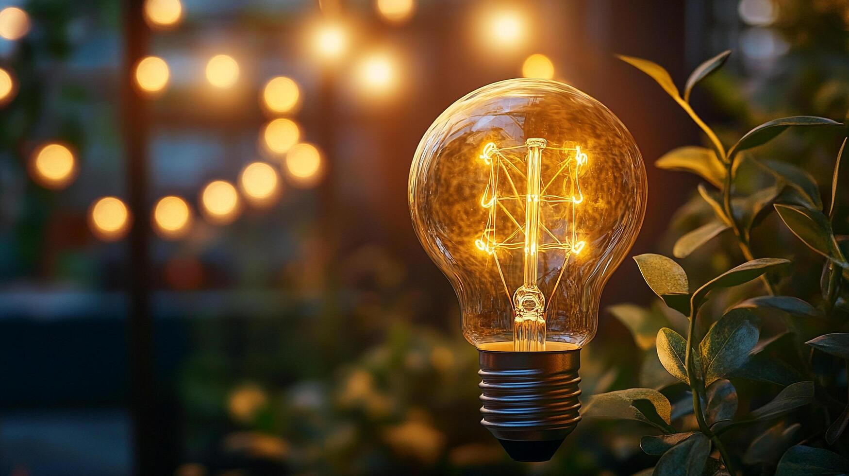 Illuminating the night with warmth. The lightbulb glows, spreading a cozy ambiance amid the natural greenery and soft bokeh effect. photo