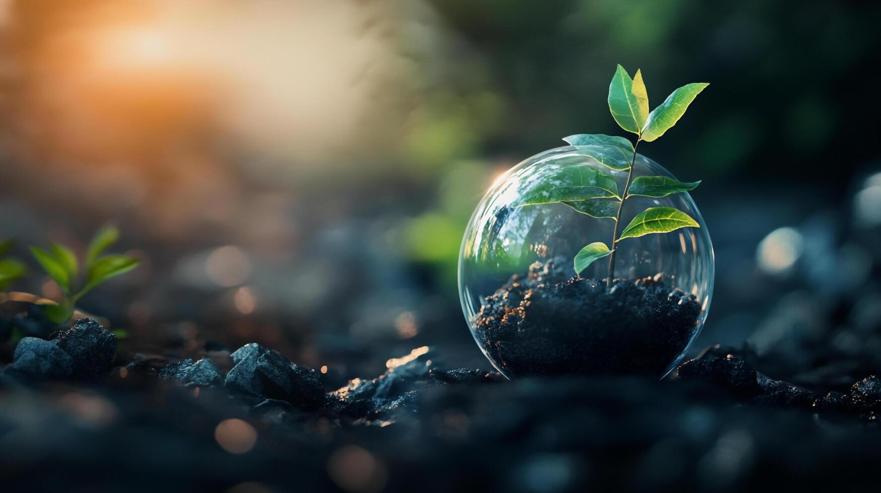 Seedling growing inside a glass dome symbolizes nurturing new life and hope for the future. Conservation and protection of nature. photo