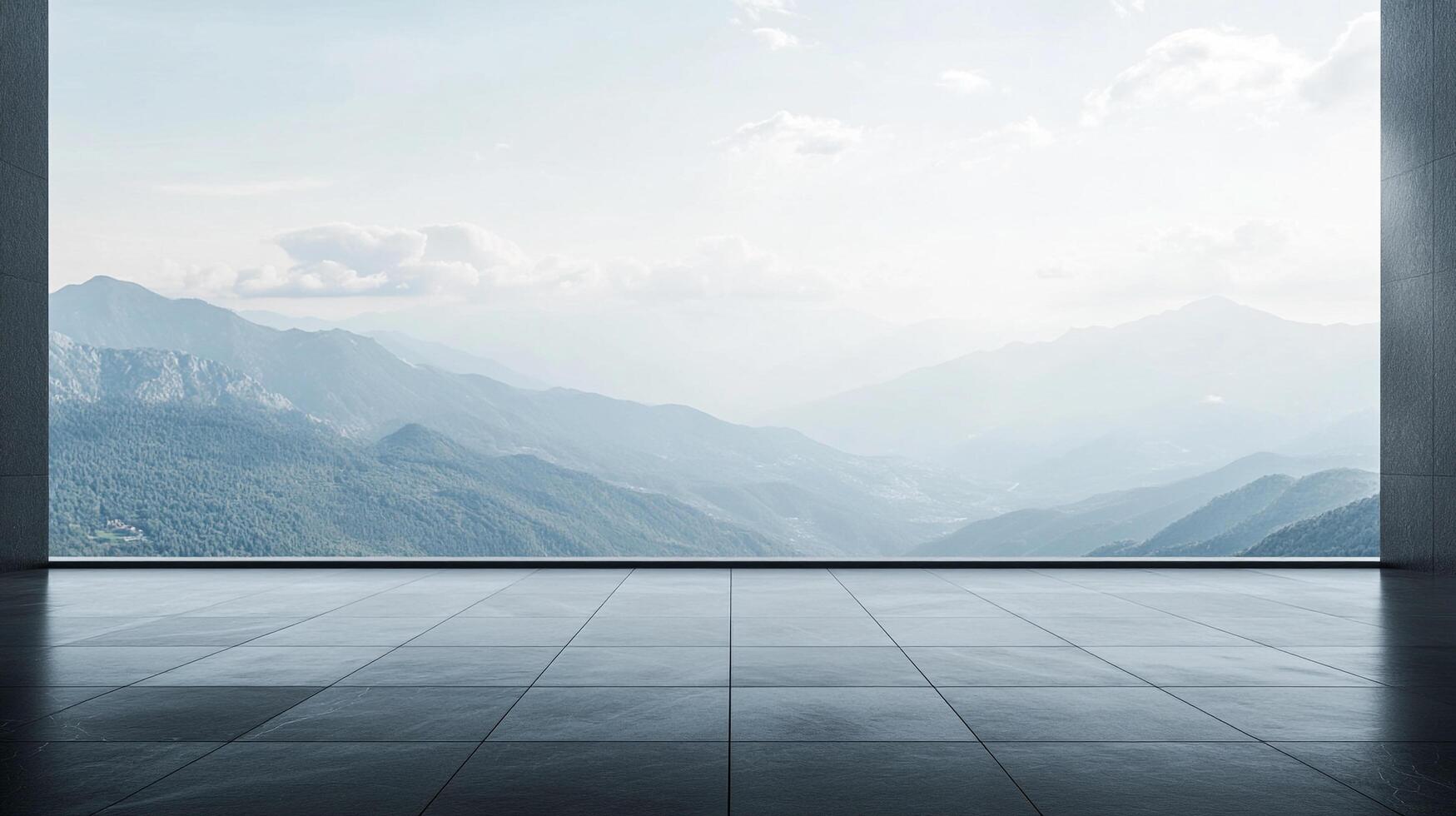 Mountain vista from a modern minimalist space with a view of hazy, distant mountains under a bright, cloudy sky, conveying serenity. photo