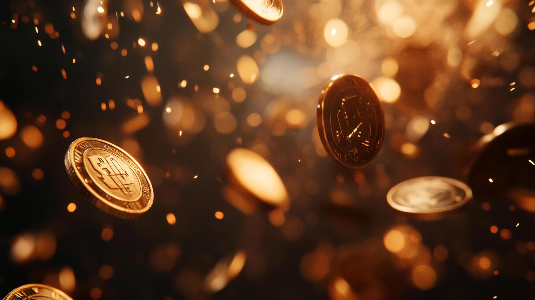 Golden coins cascade amidst a bokeh-filled dark background. Warm highlights create a sense of wealth and digital prosperity. photo