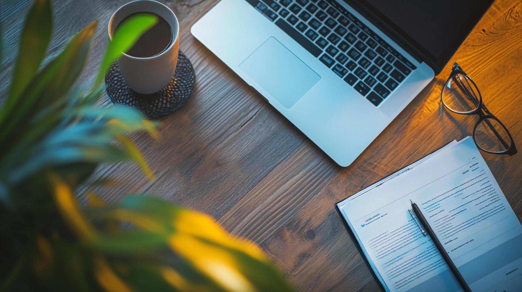 Cozy workspace with a laptop, coffee, documents, and a plant. Focus on productivity in a comfortable setting. Wooden desk. photo