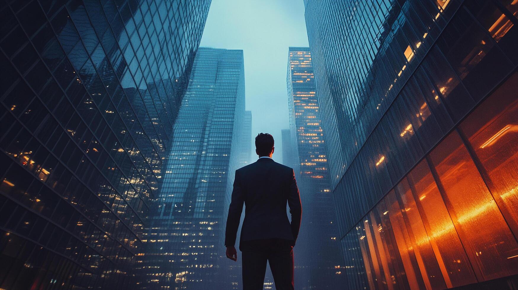 An ambitious figure in a suit gazes up at towering city skyscrapers, embodying success and aspiration in the urban landscape. photo