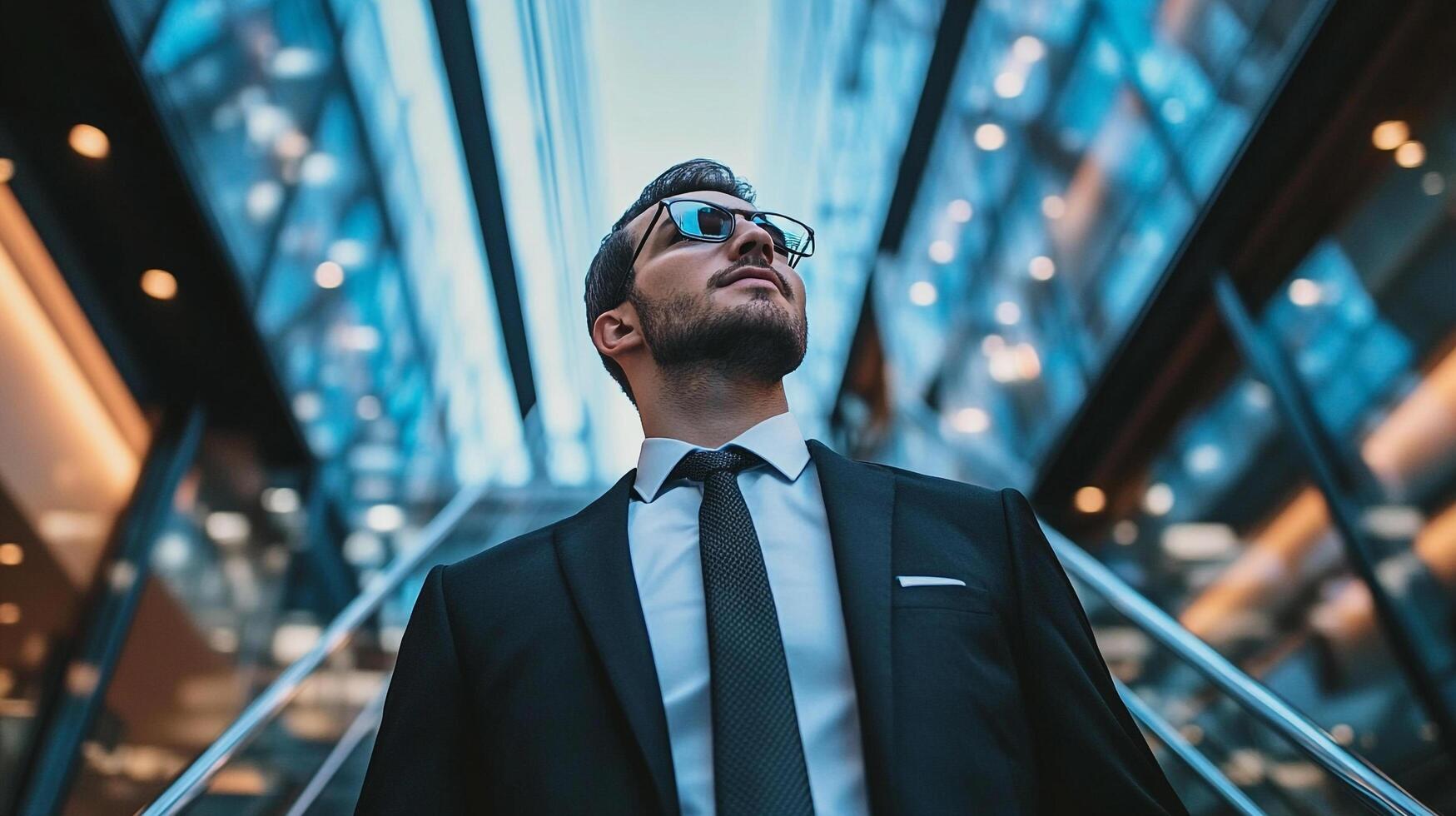 Focused businessman looks confidently toward future challenges, standing in modern architectural setting with sunlight and reflections photo