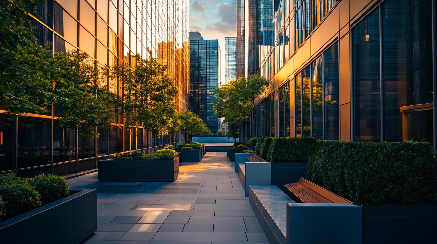 Urban garden oasis amidst skyscrapers. Serene walkway bordered by lush greenery and modern benches in city center for tranquil moment. photo