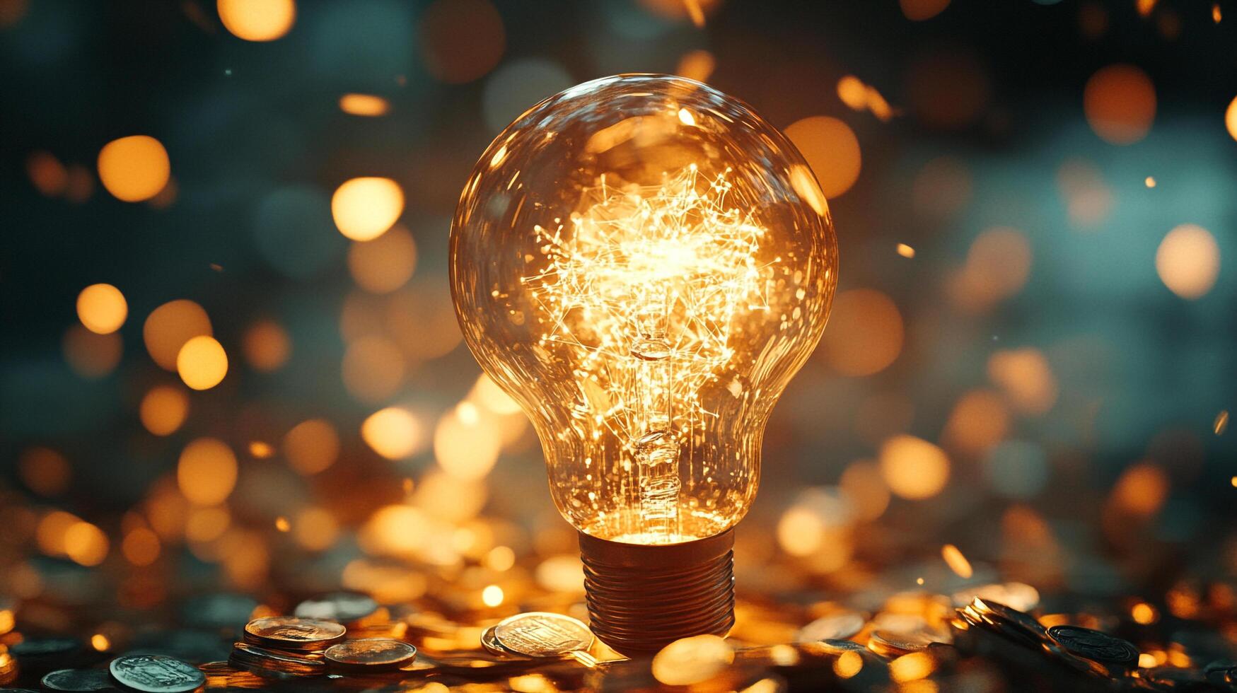 A bright, glowing lightbulb sits amidst a scattering of coins, symbolizing innovation, investment, and the power of ideas. photo