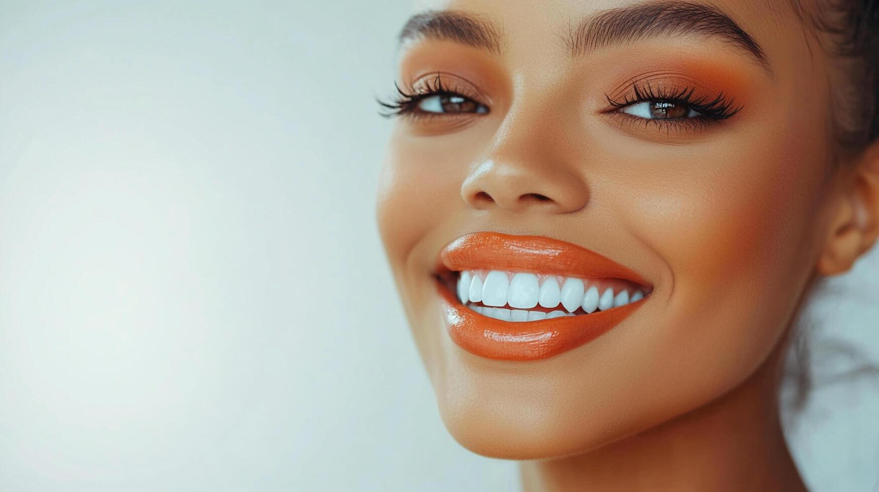 Radiant beauty shines through this image, highlighting a beautiful smile, perfect teeth, and a fresh makeup look. Captivating and confident. photo