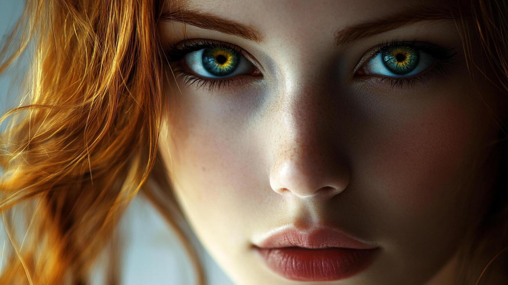 A striking portrait of a beautiful woman with vibrant red hair and captivating multicolored eyes, showcasing her unique and alluring features. photo