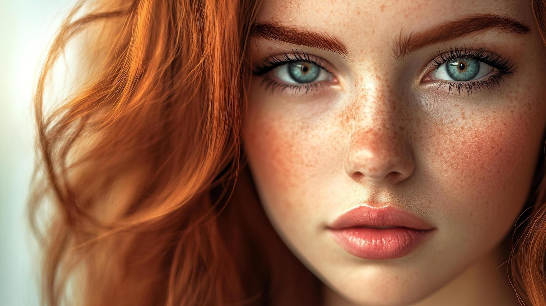 Portrait of a red-haired woman with freckles and captivating blue eyes, showcasing natural beauty and radiant complexion. photo