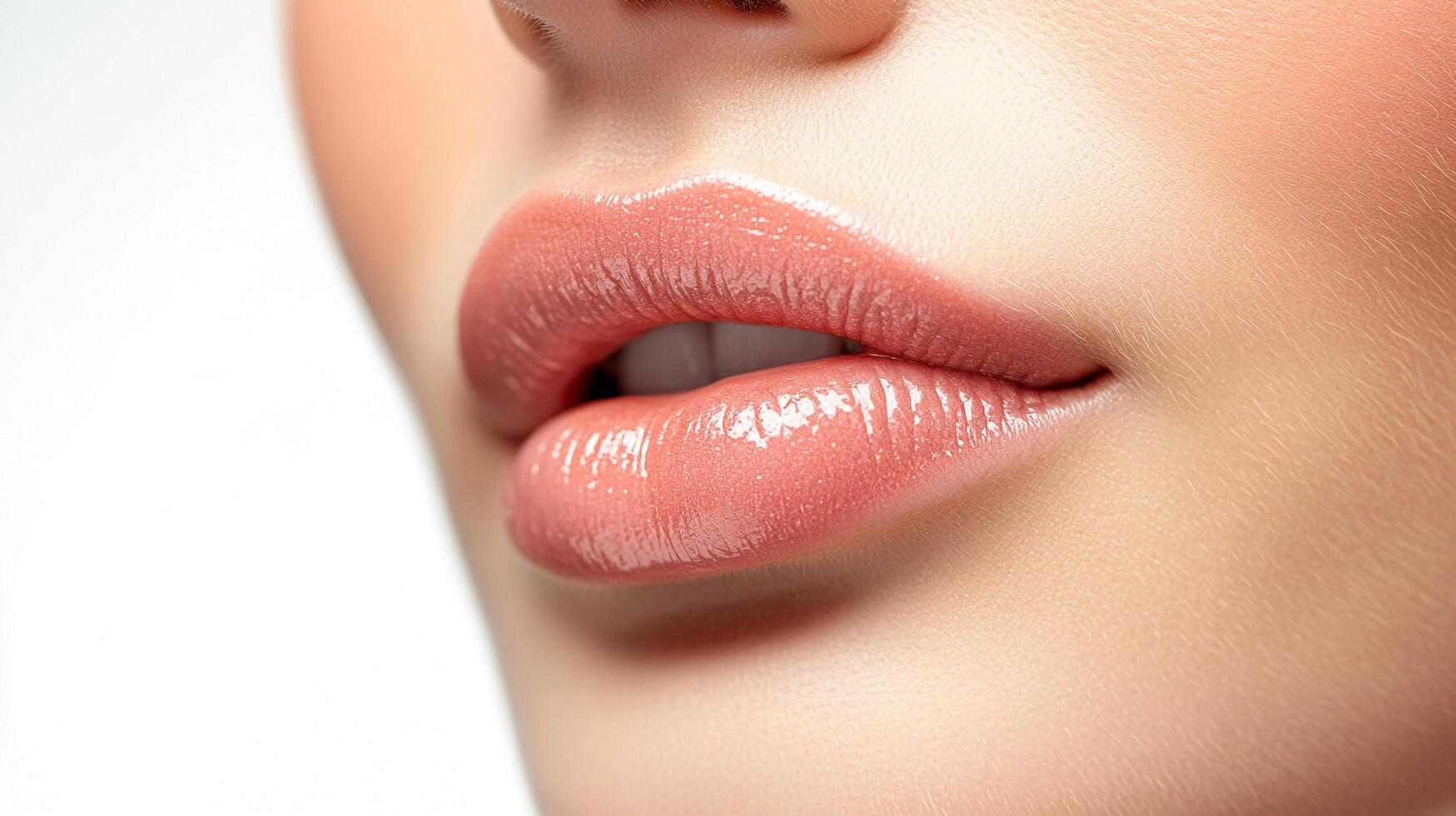 Close-up of full, glossy lips with a natural peach tone, enhanced by a smooth texture and soft lighting, showcasing beauty and elegance. photo
