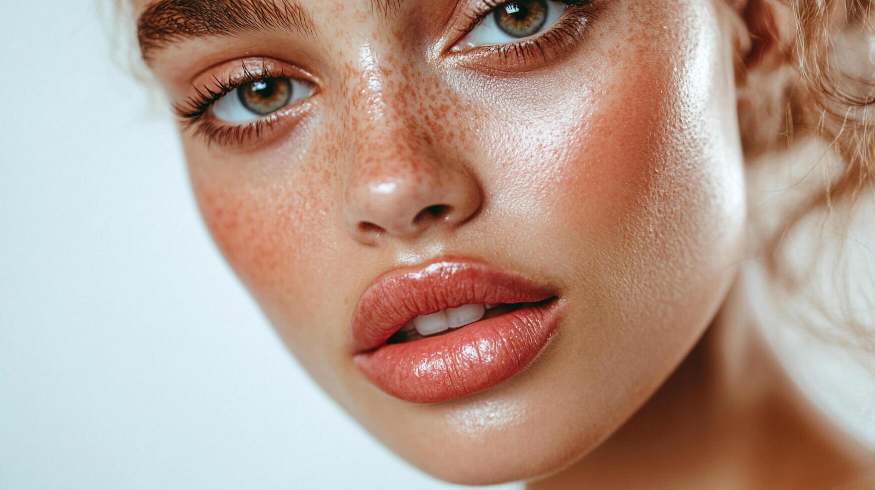 Close-up beauty shot of a young woman with freckles, fair skin, and glossy lips, highlighting a fresh, radiant look. photo