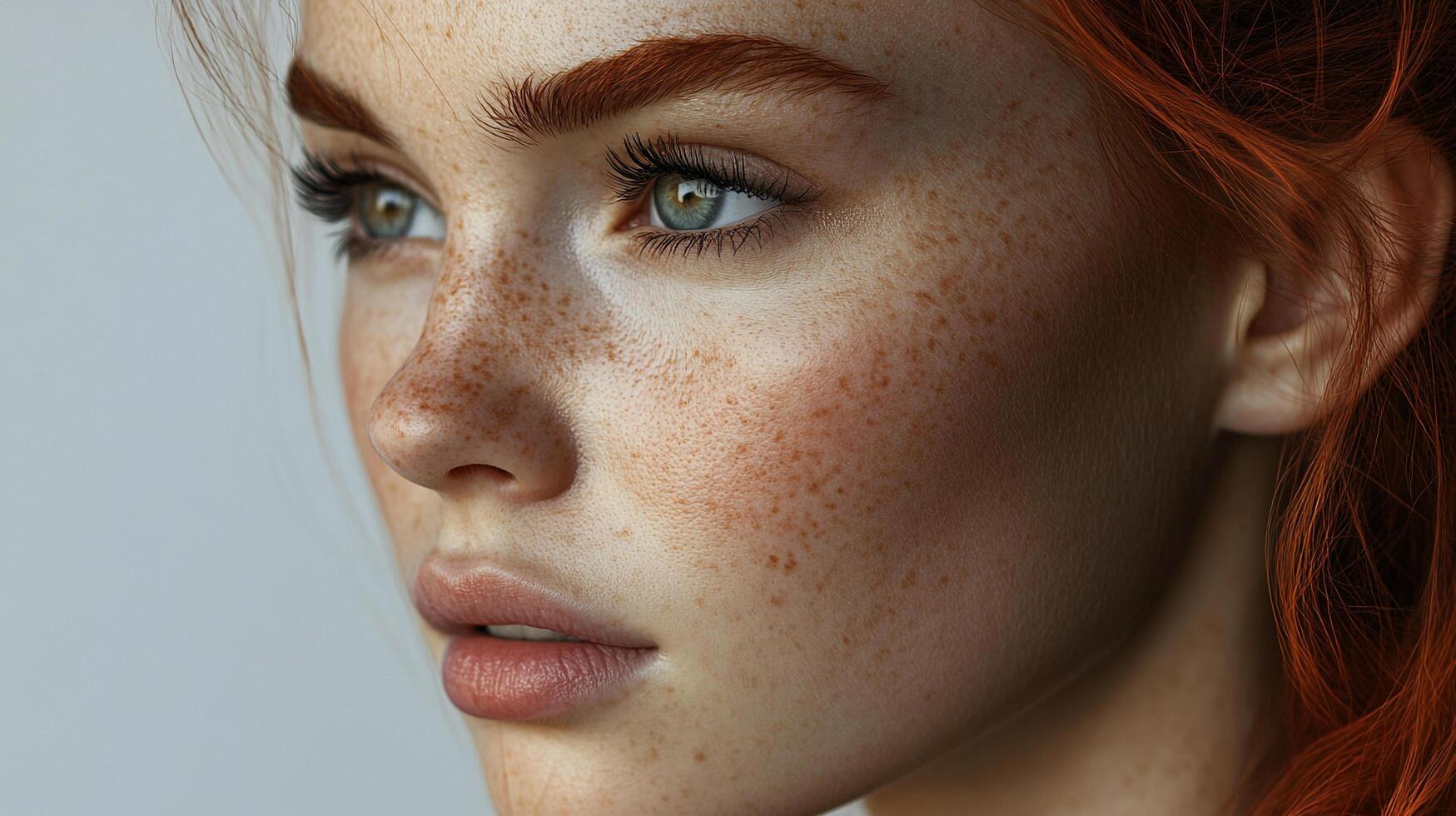 A striking close-up of a woman with fair skin, red hair, and prominent freckles, emphasizing her natural beauty and unique complexion. photo