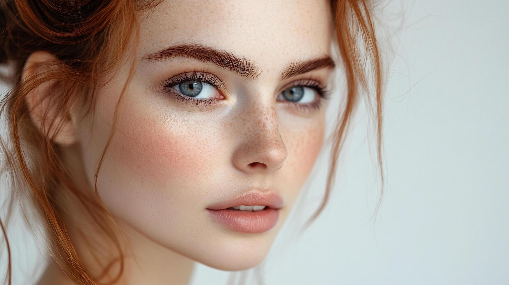 Close-up of a beautiful woman with freckles, fair skin, and red hair, showcasing her natural beauty and gentle features in a soft light. photo