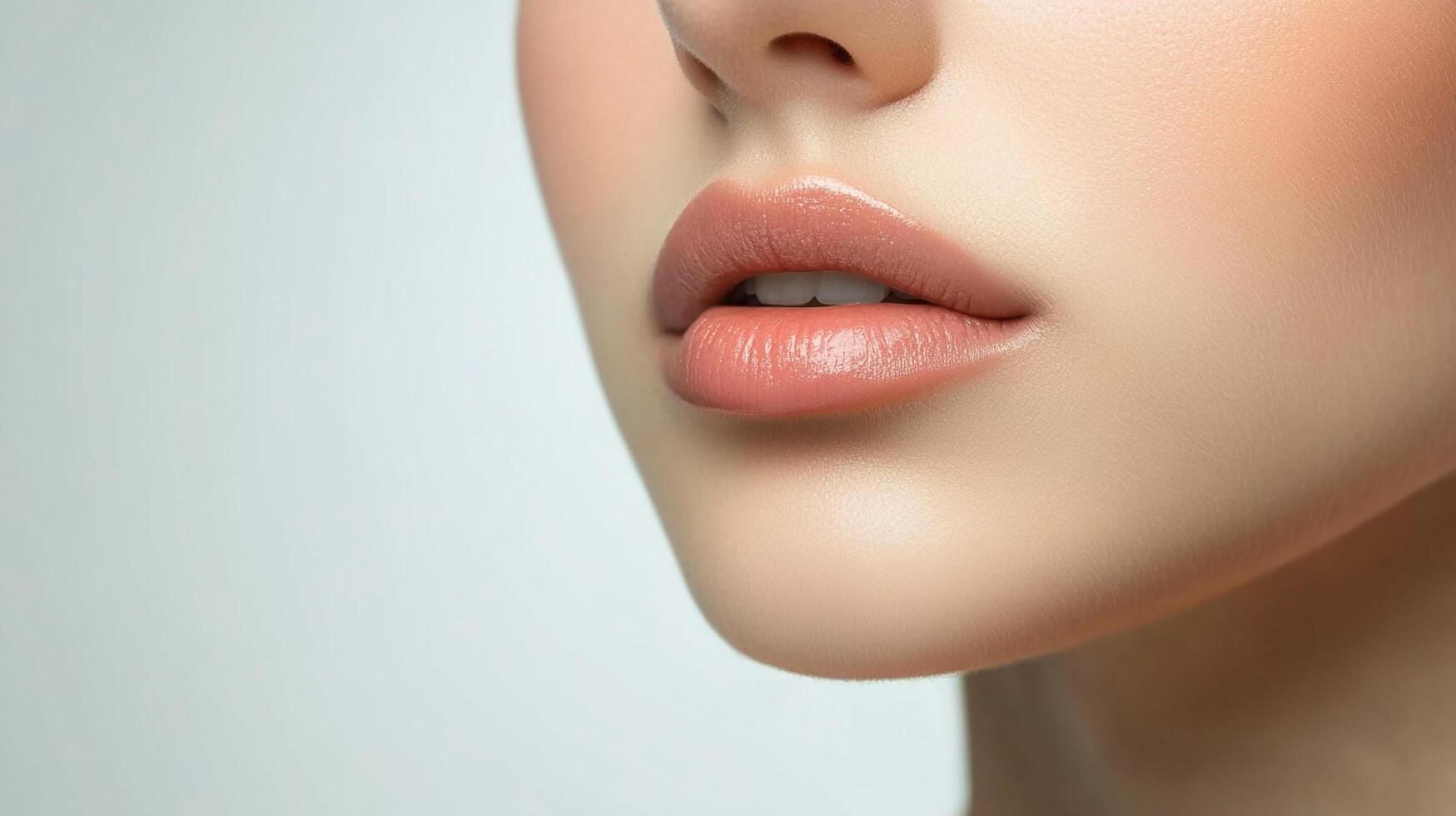 Close-up of woman's face showing part of her nose, pink lips with visible teeth, and skin with a slight blush color on a light backdrop. photo