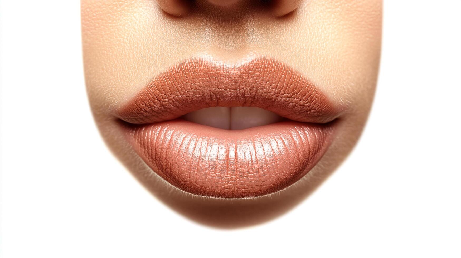 Close-up of a person's lips with a neutral, glossy lip color, showcasing their texture, shape, and the surrounding facial skin. Isolated on white. photo