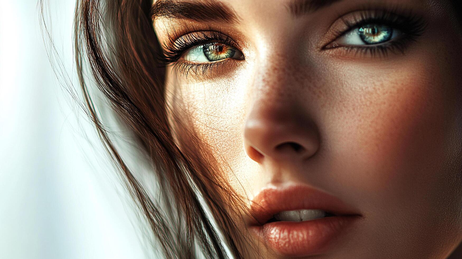 Close-up portrait of a young woman with captivating heterochromia eyes and freckled skin. She has lush lashes and subtly parted lips. photo