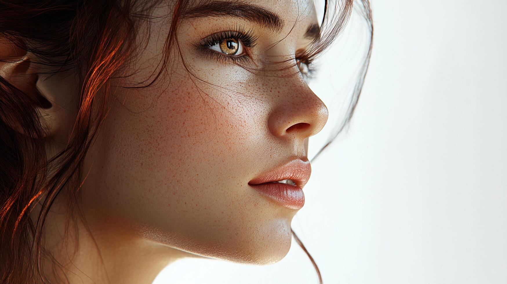 Close-up shot of a young woman with freckles and auburn hair, against a simple background, showcasing natural beauty and gentle expression. photo