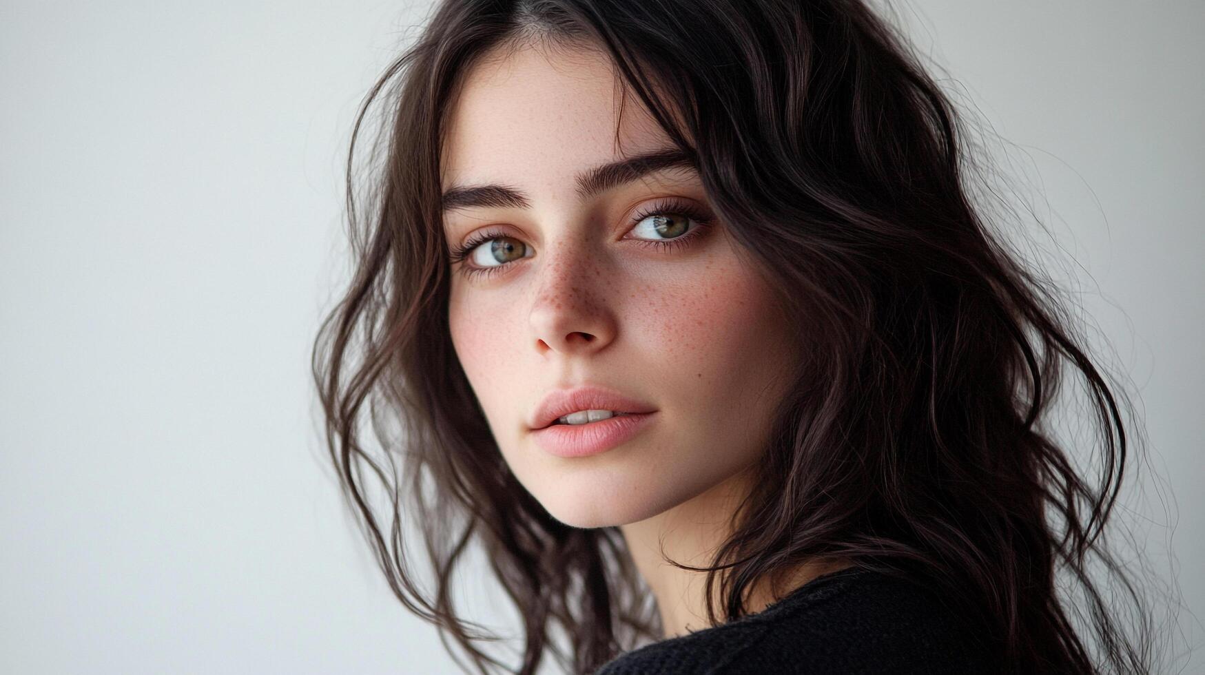 Portrait of a captivating woman with hazel eyes, freckles, and long brown wavy hair, showcasing natural beauty and a serene expression. photo