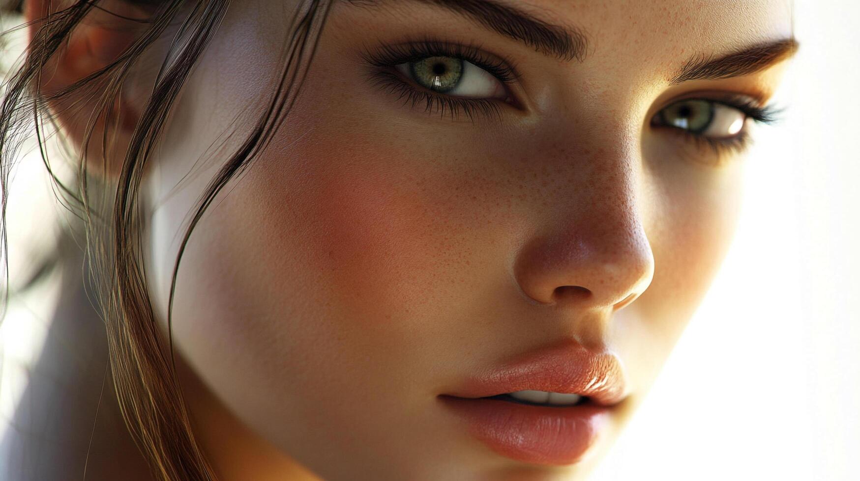 Close up of fair-skinned woman with green eyes, freckles, and full lips. Naturally radiant with a touch of light makeup, face fills frame. photo