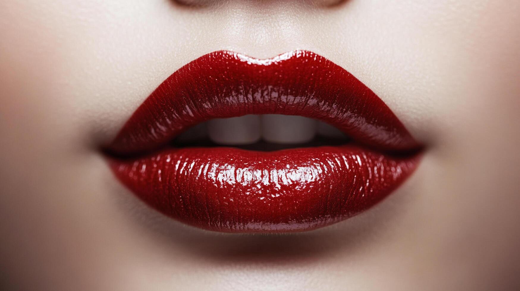 Close-up of luscious, glossy red lips with a hint of teeth showing, emphasizing beauty and elegance in a minimalistic composition. photo