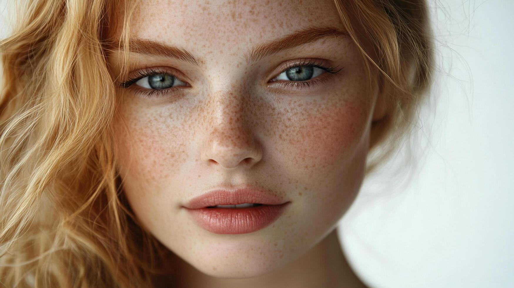 Close-up portrait of a serene woman with radiant freckles and striking blue eyes, showcasing natural beauty and captivating gaze. photo