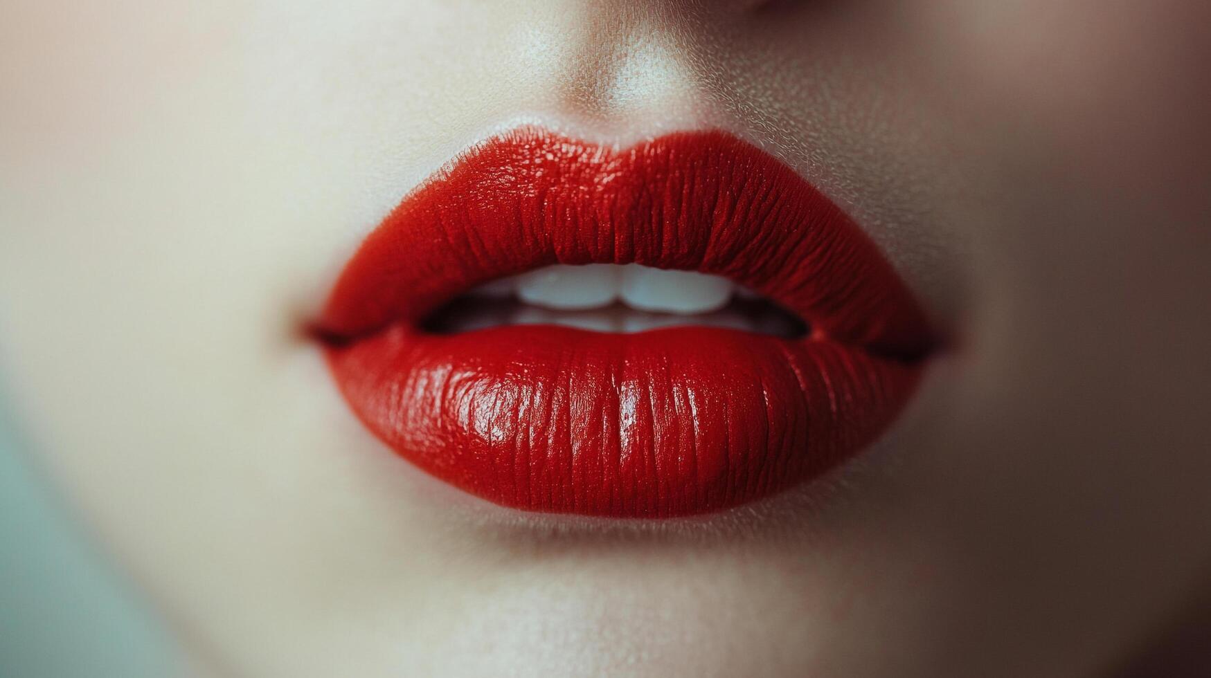 Close-up of a woman's face featuring bright red lipstick. Perfect for beauty product ads or cosmetic brand images. High resolution detail. photo