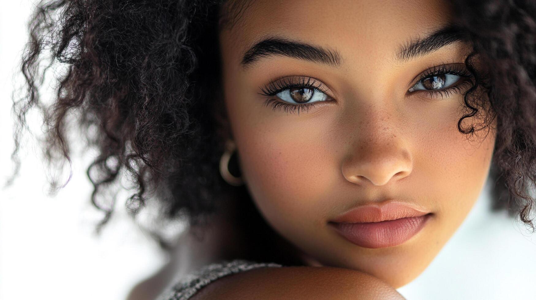 Close-up portrait of a beautiful young woman with natural, curly hair. She's looking directly at the viewer with a confident and radiant expression. photo