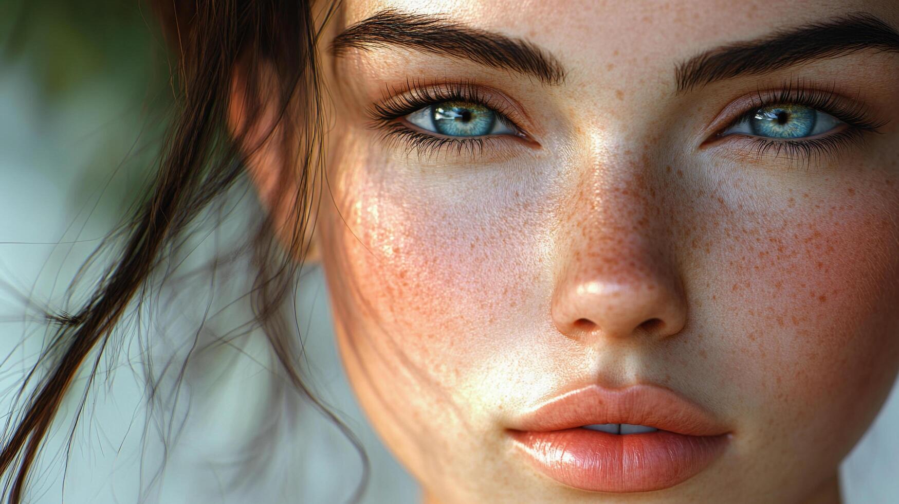 Close-up portrait of a person with striking features and fair skin. The focus is on their expressive face, highlighting natural beauty and details. photo