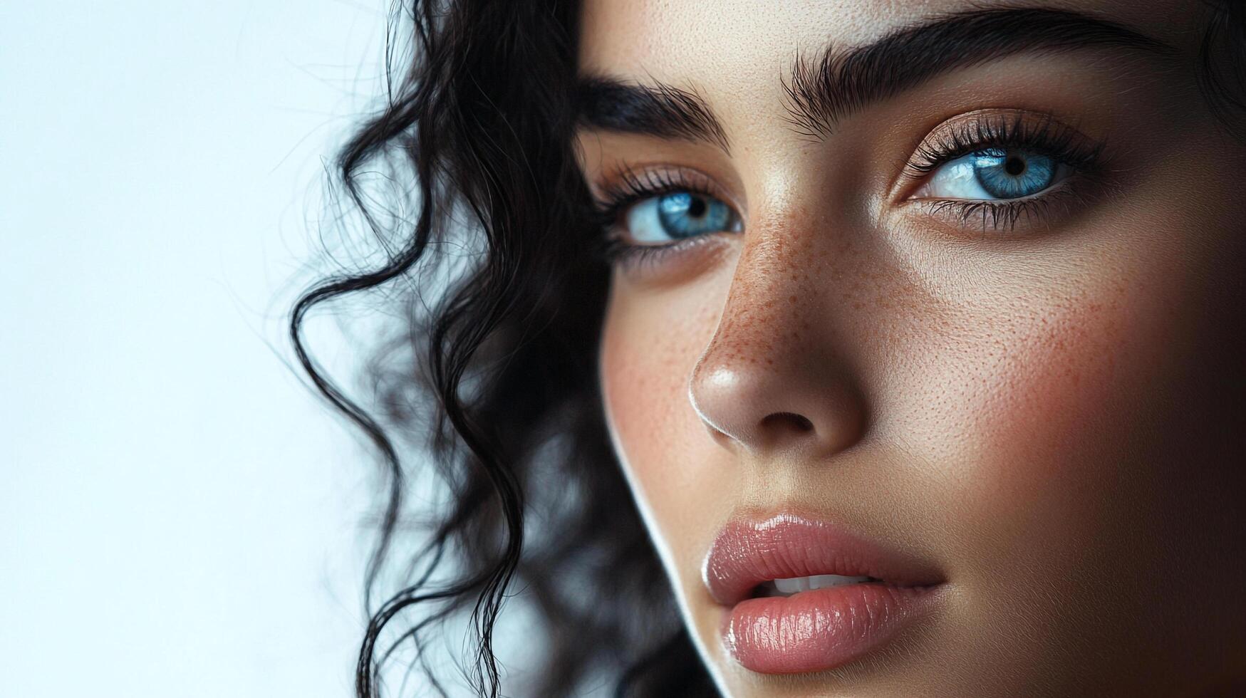 Striking close-up of a woman's face, highlighting her piercing blue eyes, dark curly hair, freckled skin, and glossy lips on a light background. photo