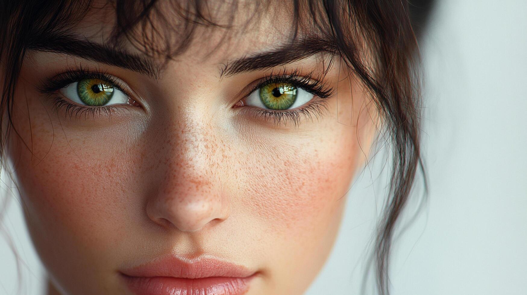 Close-up of a young woman with striking green eyes and freckled skin. Soft focus and natural light highlight her delicate features. photo
