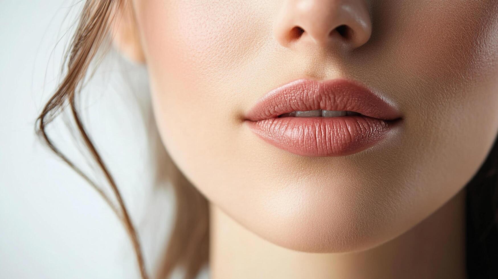 Close-up portrait of a beautiful young woman with perfect skin, showing her lips and the lower part of her face with brown hair around it. photo