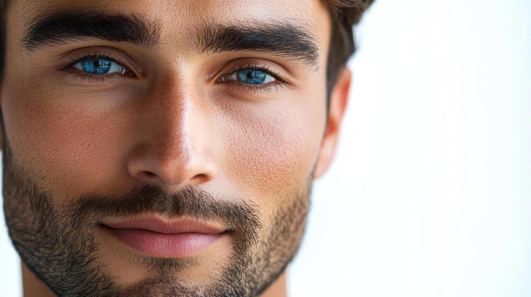 Close-up portrait of a handsome man with striking blue eyes and dark hair, radiating confidence and charm in a studio setting. photo