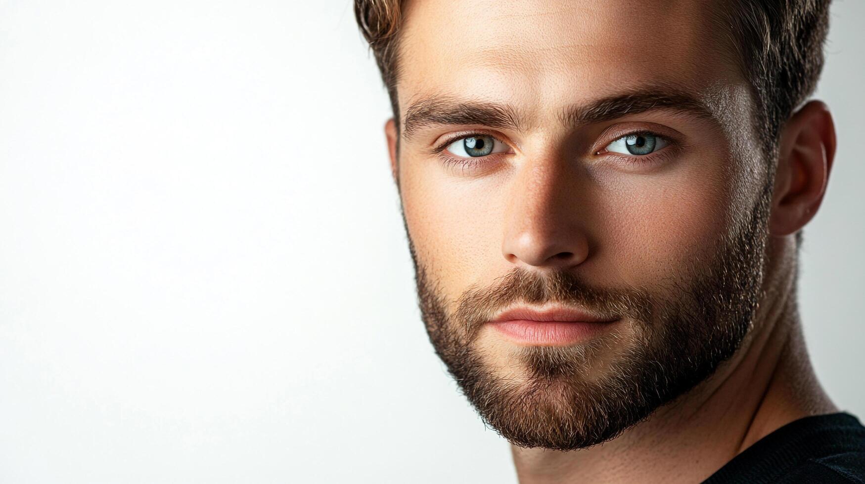 Portrait of a handsome man with a confident gaze and short, dark hair. His defined features highlight his masculine allure. photo