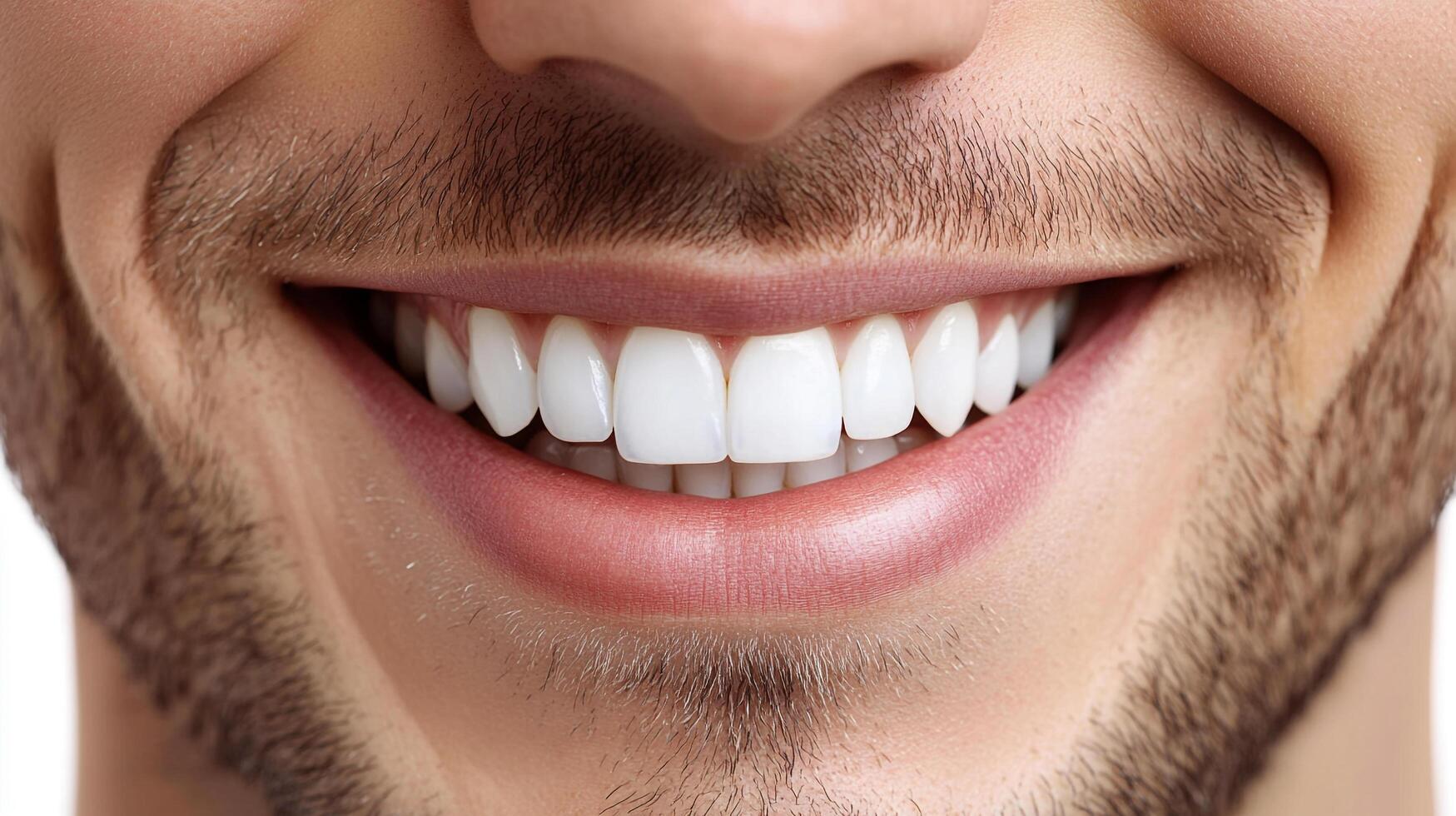 Close up of a beaming smile showcases meticulously cared for, pearly white teeth with a neat beard adding character to the face. photo