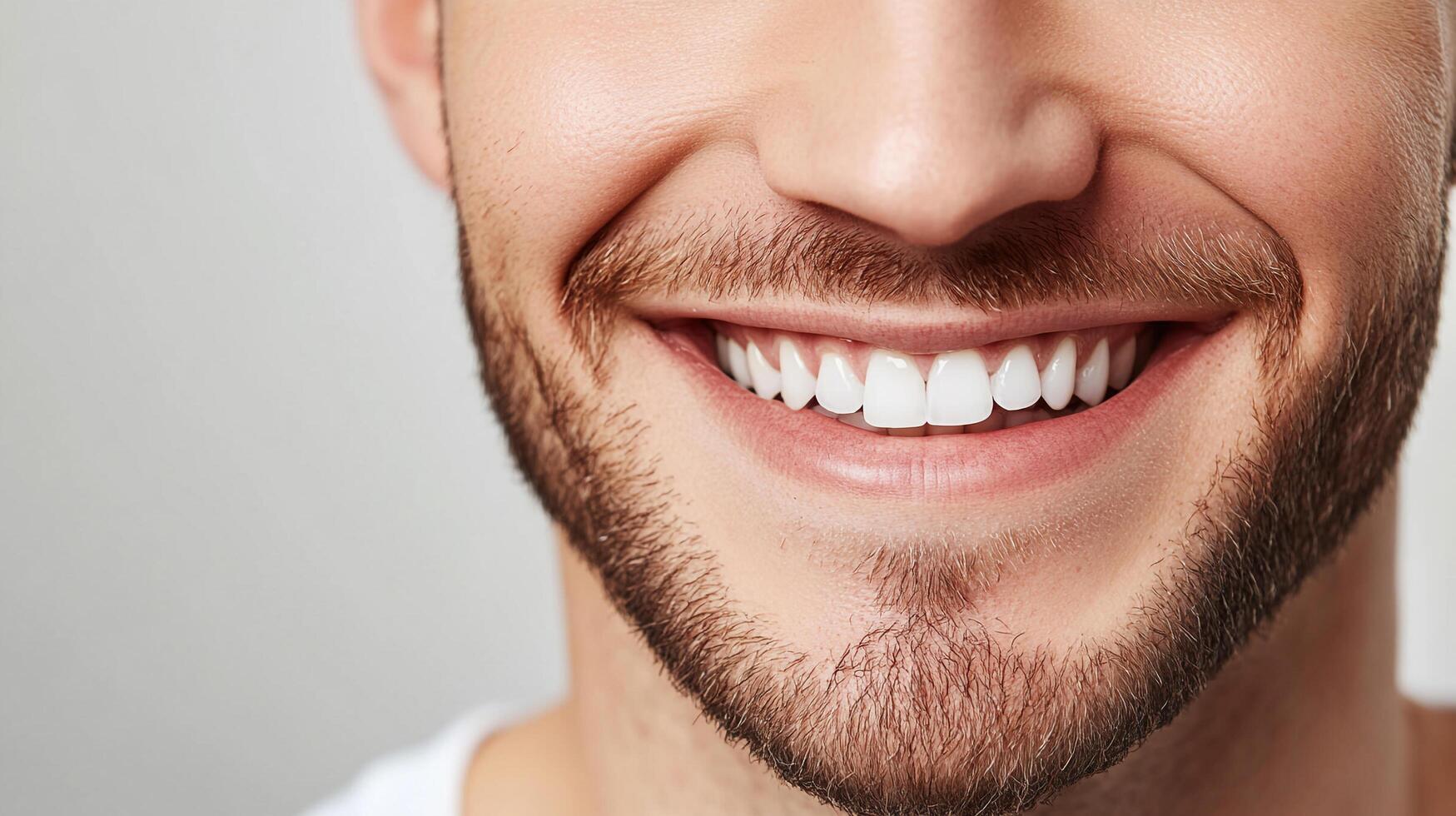 A close-up of a smiling man with a beard showcasing his well-maintained and bright teeth, expressing a sense of confidence and positivity. photo