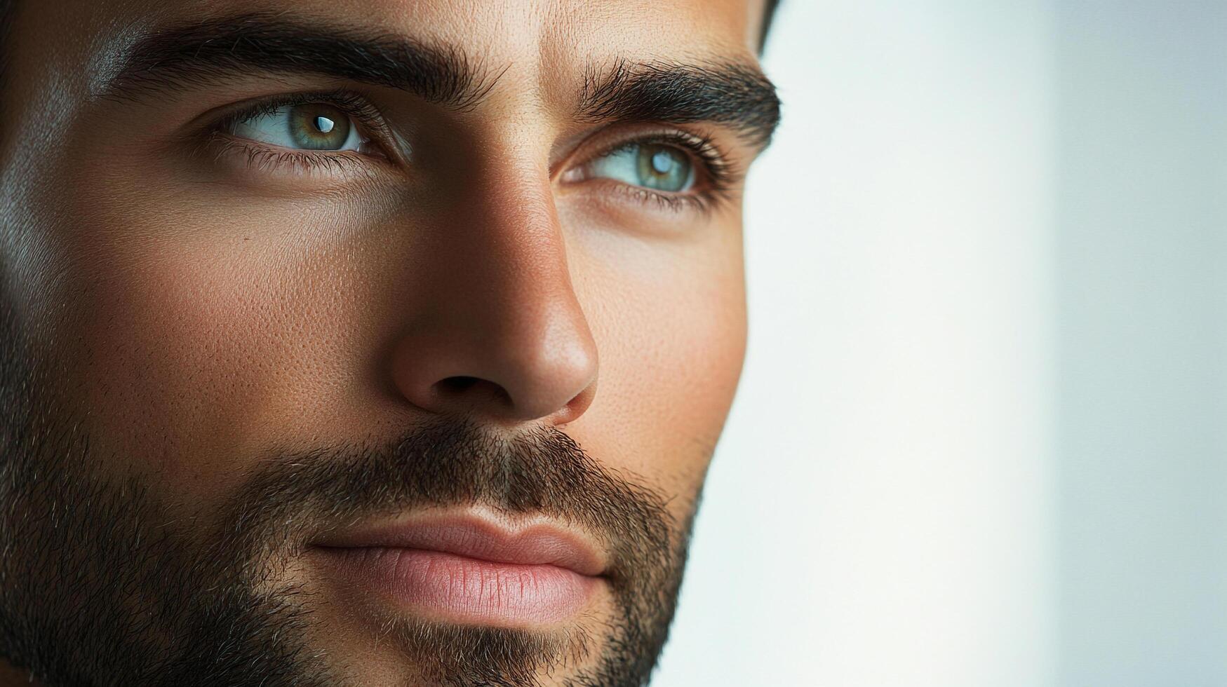 Close-up portrait showcases a handsome man with captivating eyes and well-groomed facial hair, radiating confidence and charm. photo