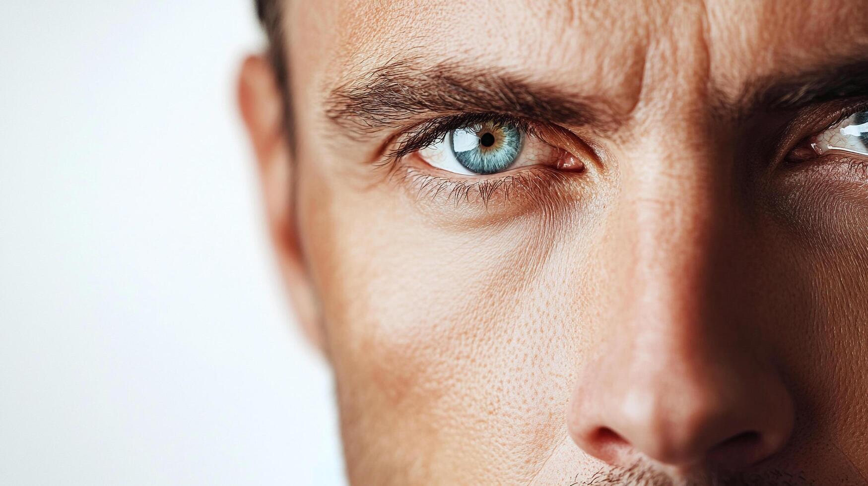 Close-up portrait capturing a man's face. The focus is on his striking blue eye and intense gaze, set against a clean, bright backdrop. photo