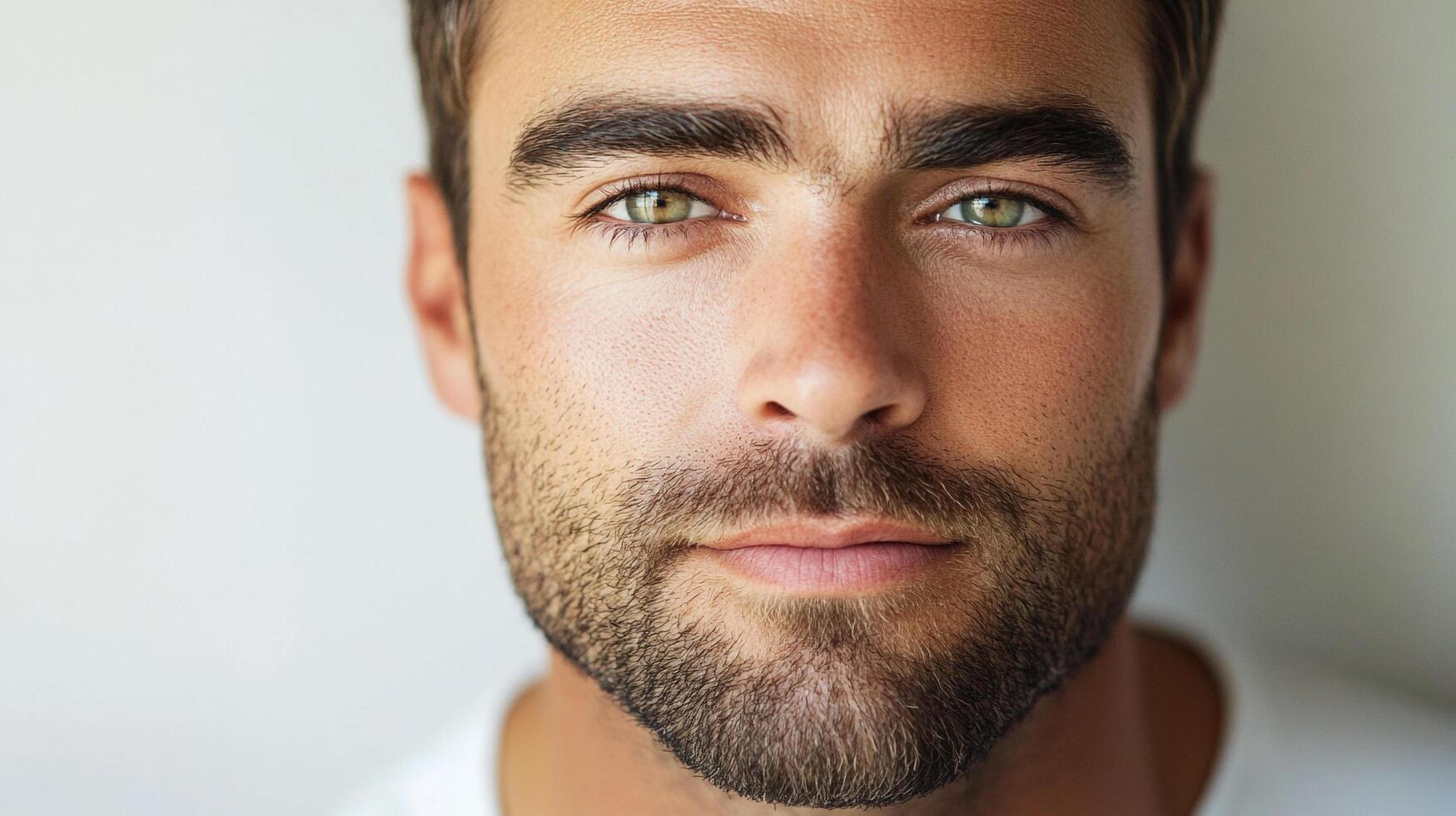 Close-up portrait of a handsome man with captivating green eyes and a neatly groomed beard, conveying confidence and natural charm. photo