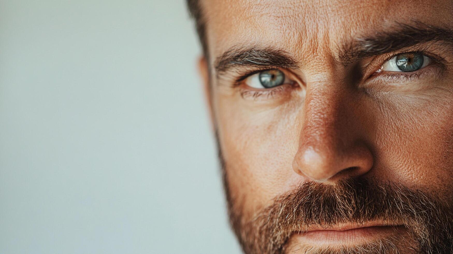 Intense gaze of a man with captivating blue eyes, expressive eyebrows and a well-groomed beard, set against a plain backdrop. photo