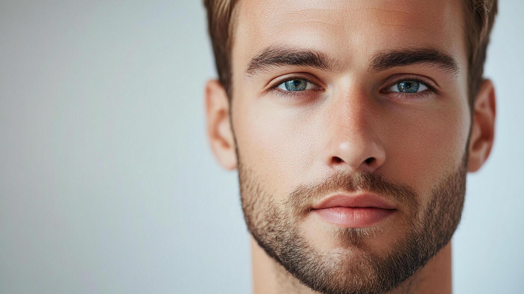 Close-up of a handsome man with a beard, showing confidence. Light skin and intense blue eyes. Professional headshot for modeling or acting. photo