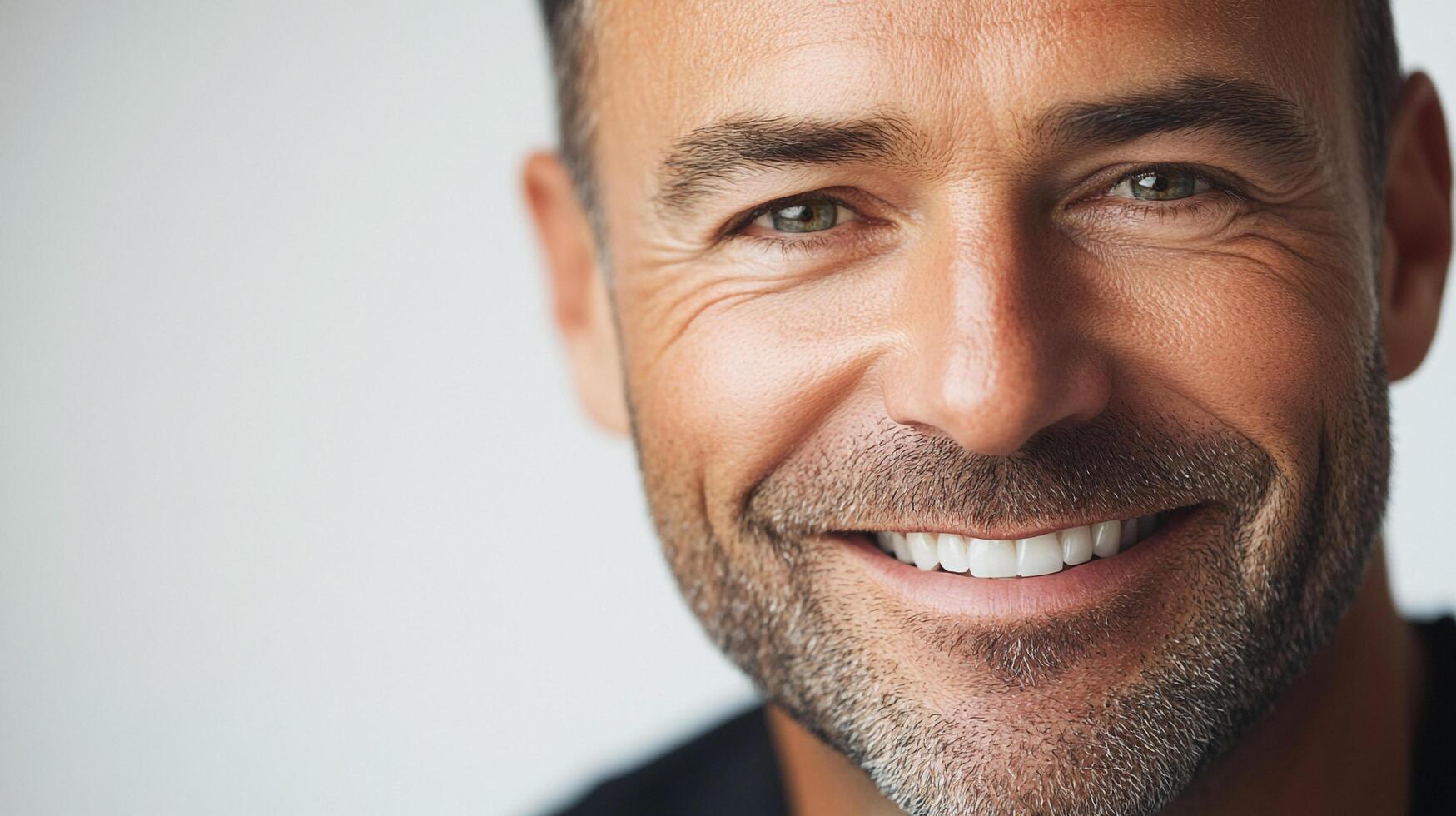 Smiling man with short hair. Natural look with kind eyes. Features like wrinkles and beard add character. Light background. Head and shoulders. photo