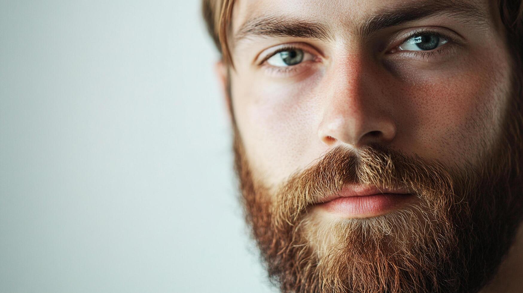 Close-up portrait of a serious, fair-skinned man with blue eyes and a full, reddish-brown beard against a light background. Focused gaze. photo