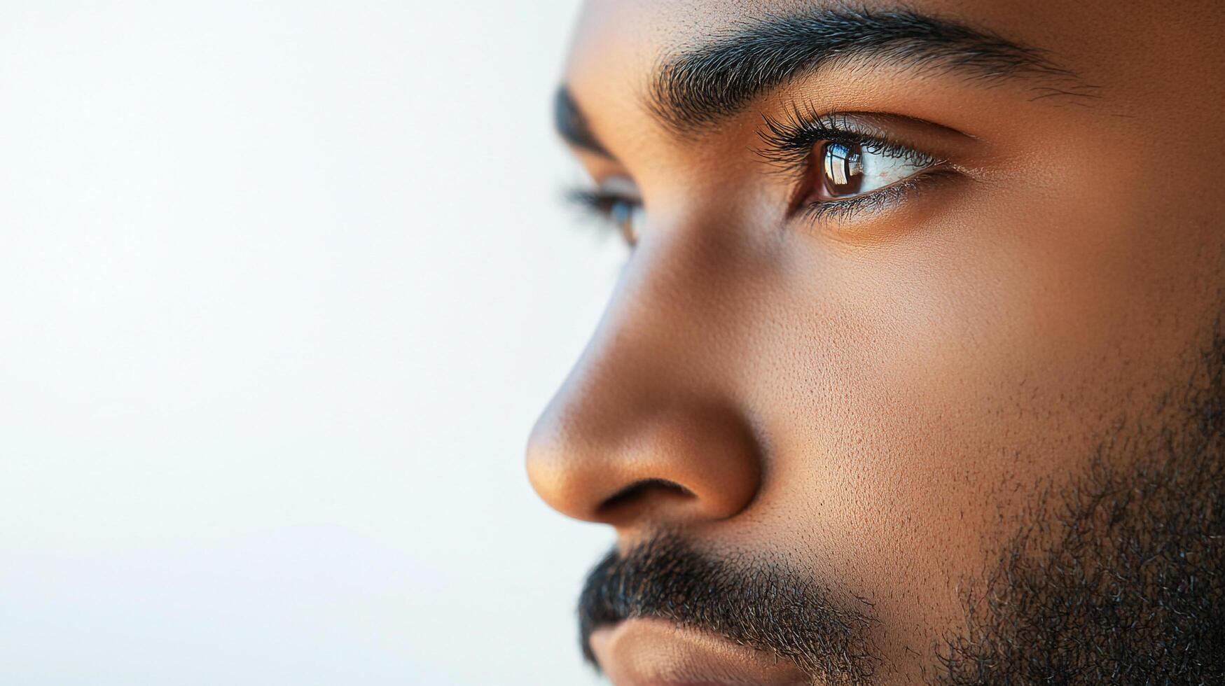A profile close-up of a man's face shows his dark hair, dark eyes, and a trimmed beard with the background set against a plain white backdrop. photo