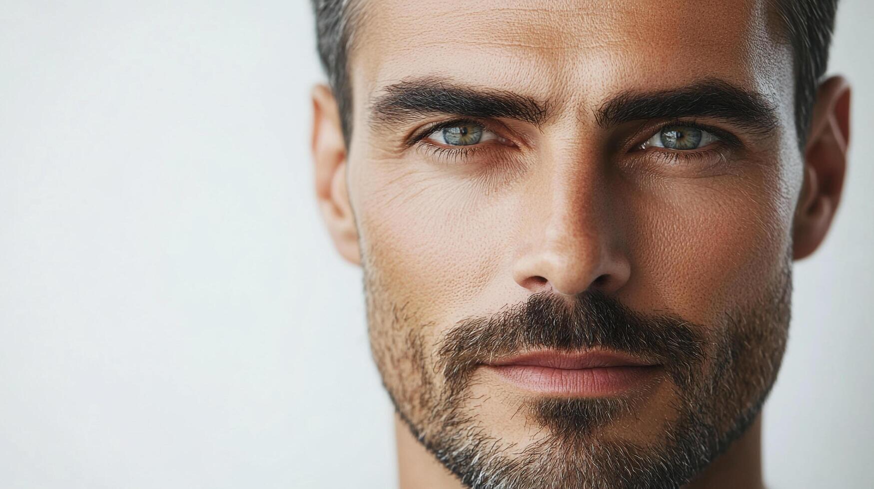 Close-up portrait of a handsome mature man with captivating eyes, a distinguished beard, and a confident, composed expression. photo