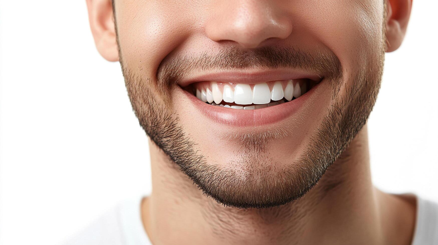 A cheerful close-up showcases a man's radiant smile, emphasizing the brilliance and alignment of his teeth against a clean, bright backdrop. photo