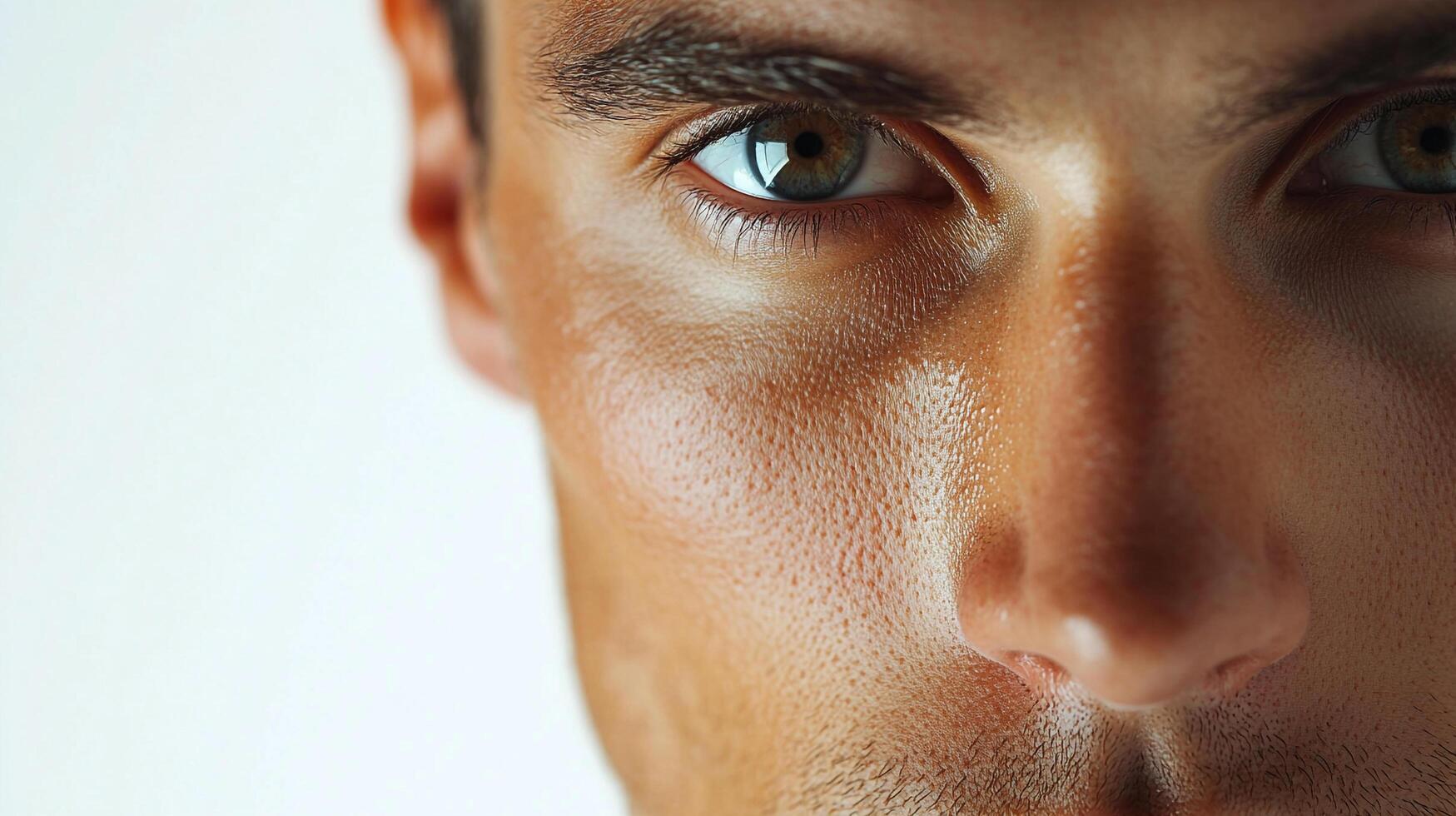 Close-up of a man's face with striking features. Detailed skin texture, intense gaze. Eyes are the focal point, conveying emotion. photo