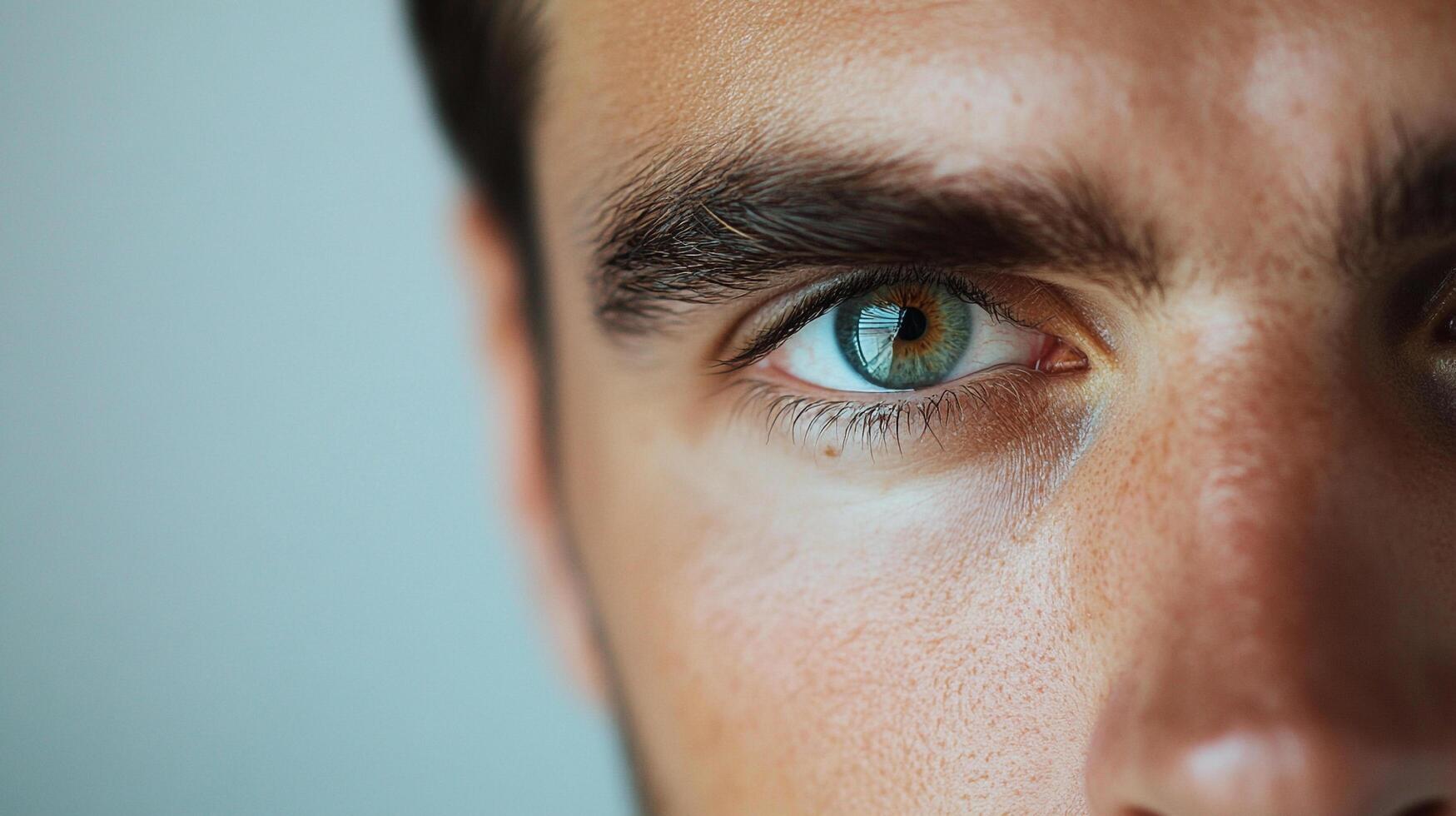 Striking eye close-up revealing intricate iris patterns and detail. Dark brow, fair skin with distinct texture against a soft, blurry background photo