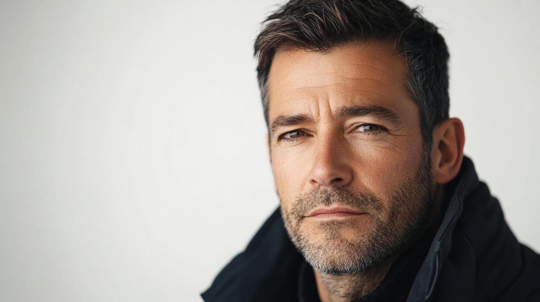Intense portrait of a mature man with salt and pepper hair, exuding confidence and a hint of mystery against a bright background. photo