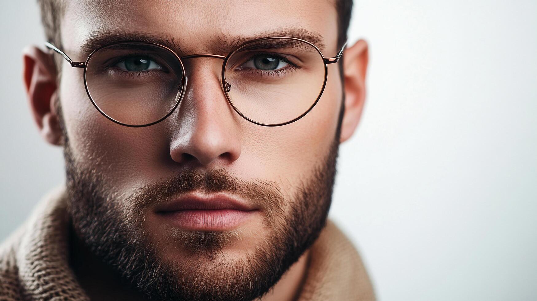 Portrait of a stylish man with a beard and round glasses, wearing a cozy knit sweater against a bright background. Focused gaze. photo